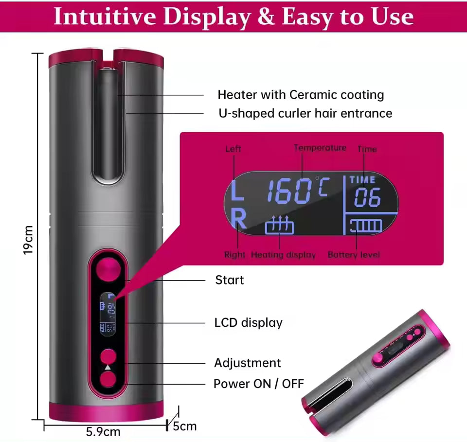 Portable Wireless Automatic Hair Curler – LED Display, 6 Heat Settings & Timer | Waves & Curls, Travel & Home Use