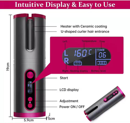 Portable Wireless Automatic Hair Curler – LED Display, 6 Heat Settings & Timer | Waves & Curls, Travel & Home Use