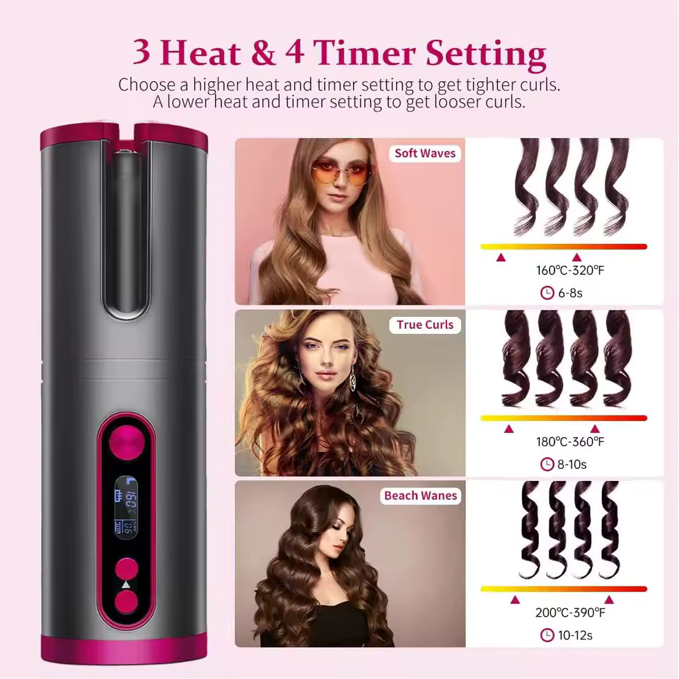Portable Wireless Automatic Hair Curler – LED Display, 6 Heat Settings & Timer | Waves & Curls, Travel & Home Use