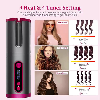 Portable Wireless Automatic Hair Curler – LED Display, 6 Heat Settings & Timer | Waves & Curls, Travel & Home Use