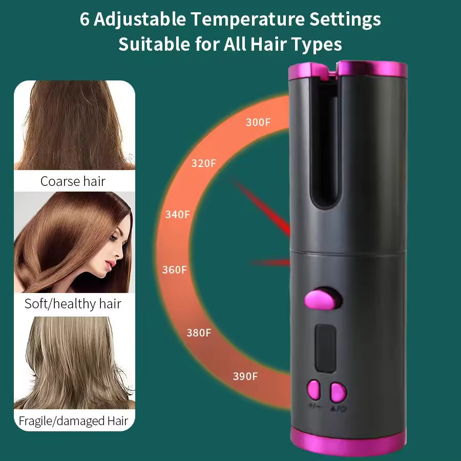 Portable Wireless Automatic Hair Curler – LED Display, 6 Heat Settings & Timer | Waves & Curls, Travel & Home Use