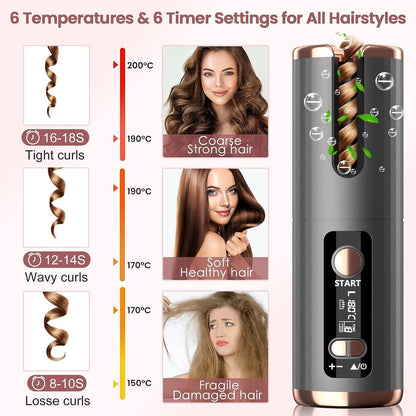 Portable Wireless Automatic Hair Curler – LED Display, 6 Heat Settings & Timer | Waves & Curls, Travel & Home Use